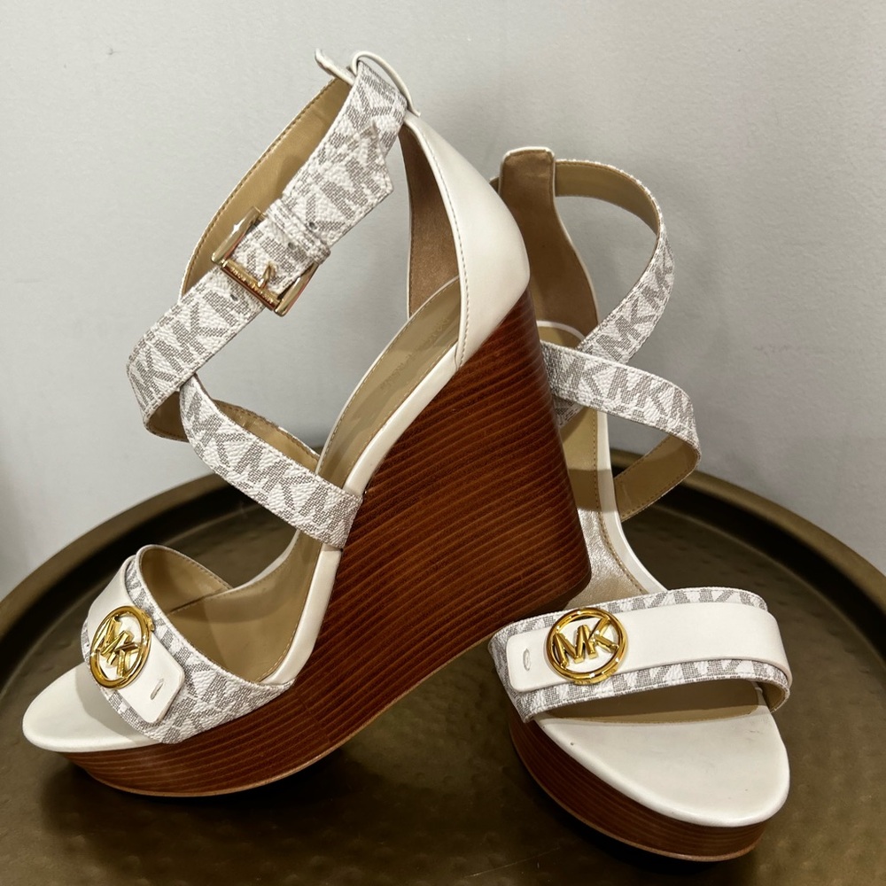 Michael Kors Carmen Logo Faux Leather Wedge Sandals